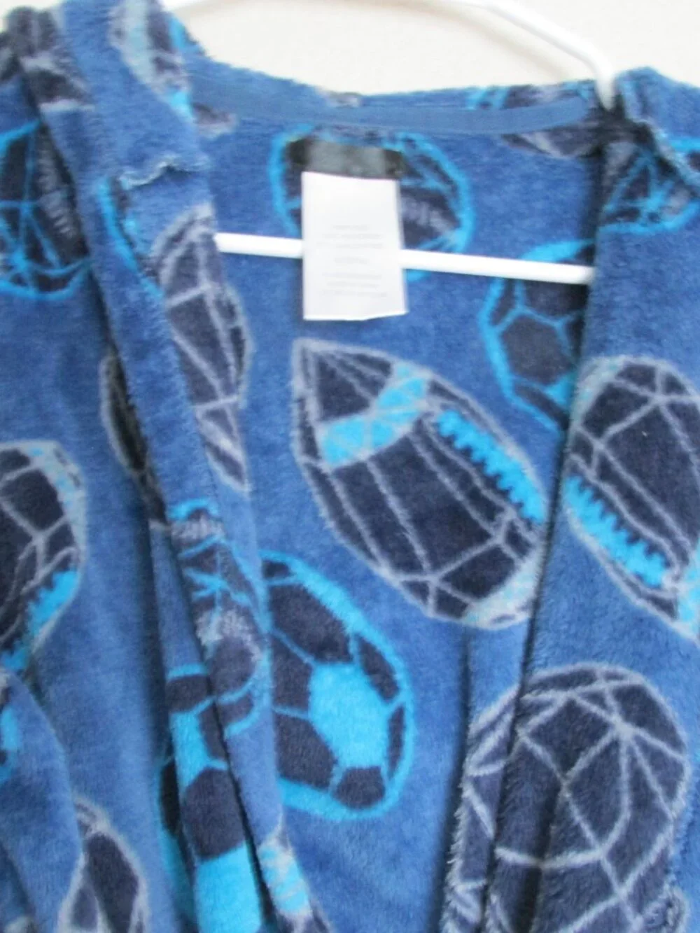 Fleece Hooded Bath Robe Boys Size Large 12/14 Blue Sports Plush Waist Tie Belt